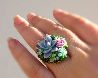 Succulent jewellery Mint green ring Succulent ring Echeveria jewellery Flower ring Cute ring Unusual ring Size adjustable Mint ring