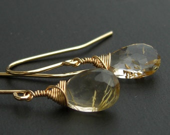 Rutilated quartz earrings gold plated goldfill earrings, golden rutile quartz, faceted drops, made to order