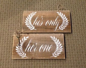 Rustic wedding, bride, groom, his, her barnwood signs.