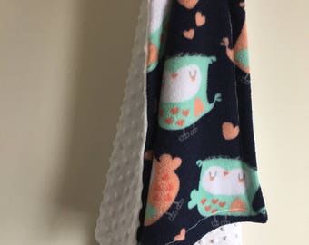 Blanket made of minky and flannel; baby blanket; gift; newborn; girl; Pink and turquoise owls