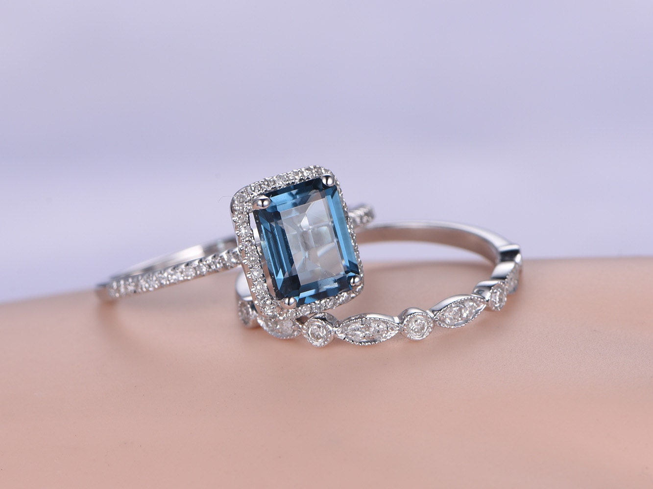 Emerald cut London Blue Topaz bridal ring set2pcs by PENNIjewel