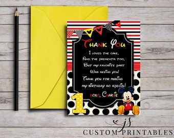 Mickey Mouse Thank You Card; Printable Card; Mickey Mouse Birthday; Printable Party; Custom Thank You; Digital File; DIY
