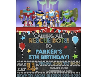 Transformers rescue bots boys chalkboard personalized birthday invitation