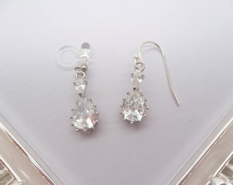 Invisible clip on earrings or Sterling Silver earrings,Sliver double drop CZ crystal,Non pierced Earrings,gift for women