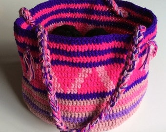 Handmade crocheted shopping bag/beach bag/ market bag with pink and purple patterns. Gift for her.
