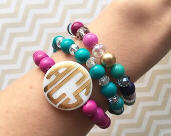 Monogrammed wood beaded bracelet, vinyl decal monogrammed bracelet, monogrammed mother of pearl