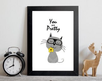 Pretty, Cat poster, Cat print, Cat wall decor, Cat illustrasion, Amimal print, Nursery decor, Nursery art, Wall art, Instant download