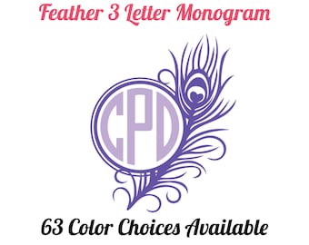 Peacock Monogram Decal / 2-Color Vinyl Monogram Peacock Feather Decal / Peacock Car Decal / Yeti / Tumbler / School Supplies / Sticker