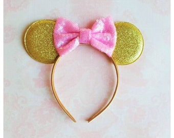 Pink and Gold Minnie Mouse Ears Headband,Minnie Ears,Minnie Headband,Girls Minnie Mouse headband,Baby Headband,Mickey Mouse,Disney Vacation
