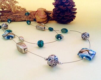 Double strands Long Necklace - Silver and blue tones glass beads - Handmade jewellery - Made in Australia