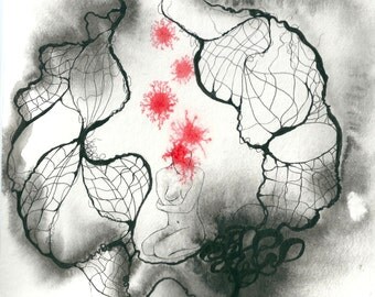 Art abstrait contemporain - Encres sur papier " Cavités" Oeuvre originale - Encre de chine noire et encre rouge