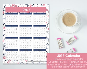 Calendar 2017 at a glance, printable. US Letter (8.5"x11"), A4, 8"x10" and 11"x14" sizes. Quick reference wall calendar. Instant download