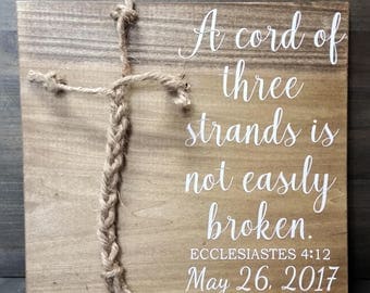 Small Alternative Unity Candle-A Cord Of Three Strands Is Not Easily Broken-Ecclesiastes 4:12-Rustic Wedding Sign
