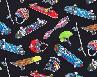 Sports Skateboard Fabric: Skateboard Helmets and Skateboards on Black by Elizabeth's Studio 100% cotton Fabric By the Yard 36"x44" (ES16)