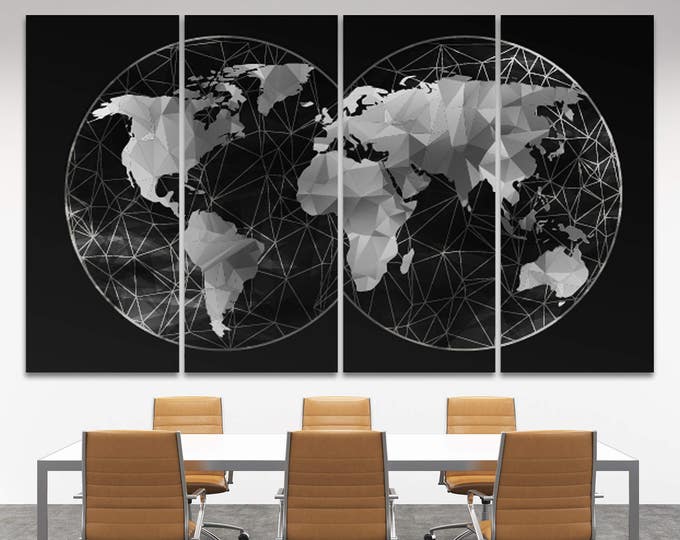 Double Hemisphere Black-White Abstract World Map Canvas Set, Wall Art Print 3 or 5 Panels gray world map Canvas Wall Art for Home Decoration