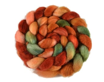BFL 4 oz hand dyed roving, Combed Top, Blue Faced Leicester spinning fiber, red, green, gold, orange, top for spinning, bfl roving - Harvest