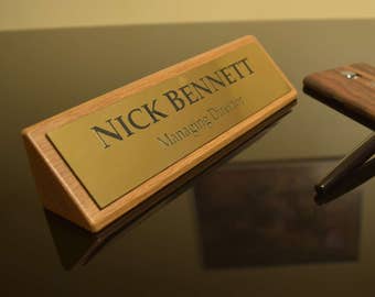 Solid Oak Stylish Personalised Desk Name Plate, Custom Engraved Sign, Office Plaque - Gold Brushed