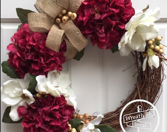 Hydrangea Wreath, Summer Wreath, Magnolia Wreath, Front Door Wreath, Year Round Wreath, Wreath Street Floral, All Occasion Wreath