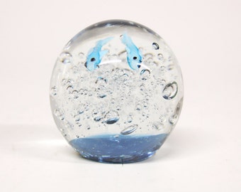 Vintage paperweight with light blue fishing-Glass object-glass art