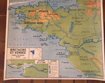 French vintage school poster map France BRITAIN BRETAGNE loir two sided 18041748