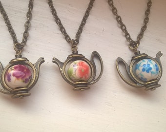teapot necklace, beaded teapot necklace, bronze necklace, floral teapot necklace, flower necklace, teapot jewellery