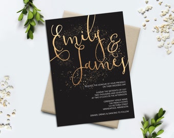 Wedding Invitation Set Black and Gold Glitter Printable digital wedding invite faux gold foil Tinsel glittery sparkle Wedding invitation DIY
