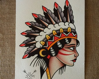 Items similar to Native American Tattoo Flash Folk Art Print By Holly ...