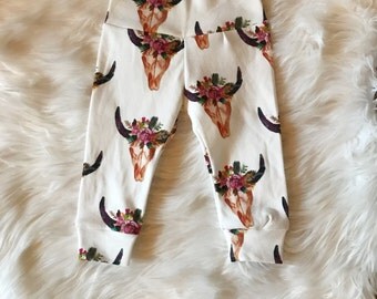 Bohemian cow skull leggings, flower crown cow skull pants, baby and toddler leggings, boho baby pants, floral cow skull