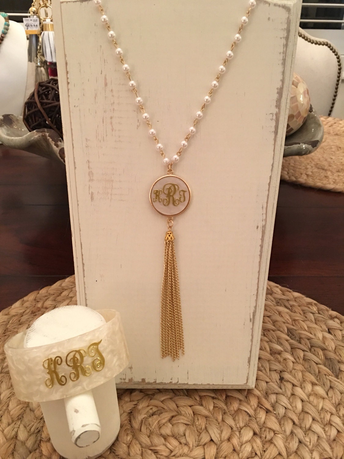 Gorgeous Pearl and Gold Monogrammed Necklace and Bracelet set with Chain Tassel