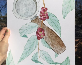 Portafilter Espresso Coffee Bean Watercolor Print