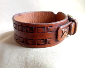 Leather Cuff, Hand Tooled Leather Cuff, Mens Cuff, Leather Bracelet