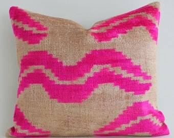 Handwoven Silk ikat pillow, pink velvet pillow, throw pillow, velvet ikat pillow, neon pink pillow, pink cushion, ikat throw pillows