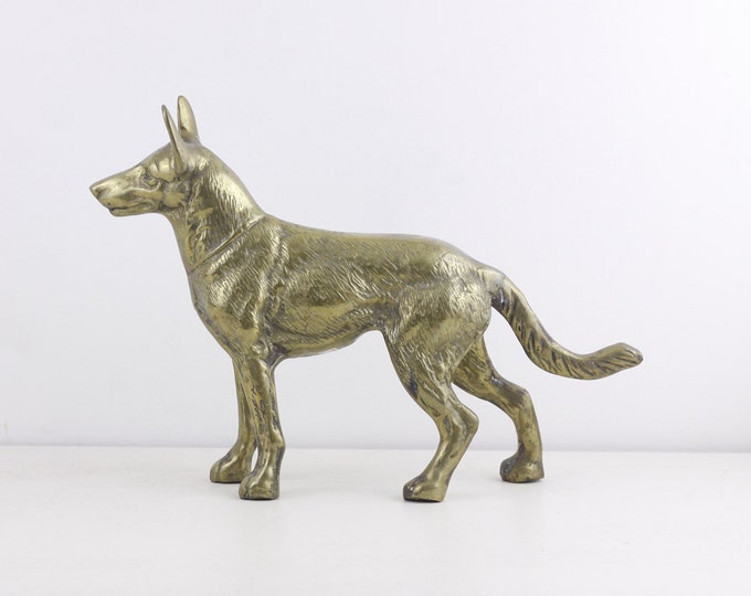 Brass German Sheppard, vintage large brass dog figurine, decorative dog statue, collectible canine figure, rustic home decor spirit animal