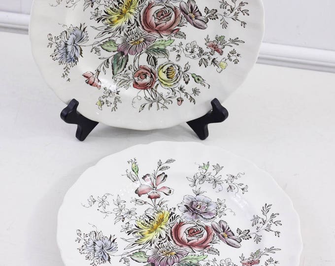 Vintage floral plates, sheraton floral center, Johnson bros, ironstone plates, colourful china, mix and match table setting, mosaic project