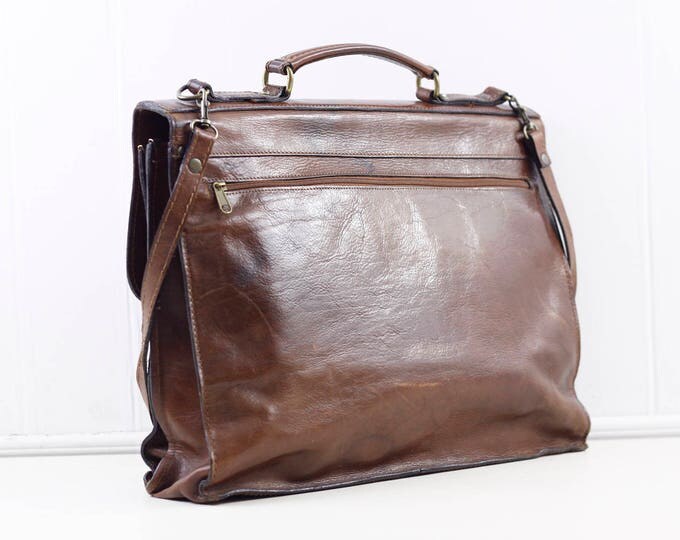 leather laptop bag, vintage chestnut brown Italian leather bag by Old Angler, leather attache, business portfolio