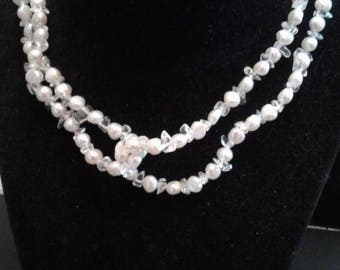 Long Rock Crystal Chip and Freshwater Pearl Strand with a Sterling Clasp, Vintage Handmade