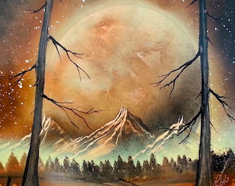 Brown painting Beige painting Scifi art Large planet Spray paint art Home wall decor Apartment wall art Fog Mountains Landscape Misty Forest