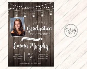Rustic Graduation Party Invitation, Wood Graduation Invitation, Wood Background Invite, Class of 2017 Graduation Invitation, Grad Printable
