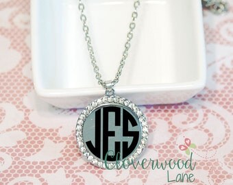Personalized Monogram Silver Rhinestone Necklace - Silver Disc Necklace