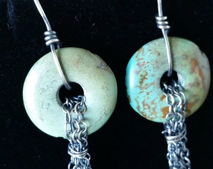 Turquoise Donut Bead Earring with Sterling Silver 6 Chain Dangle and 3 Sterling Charms