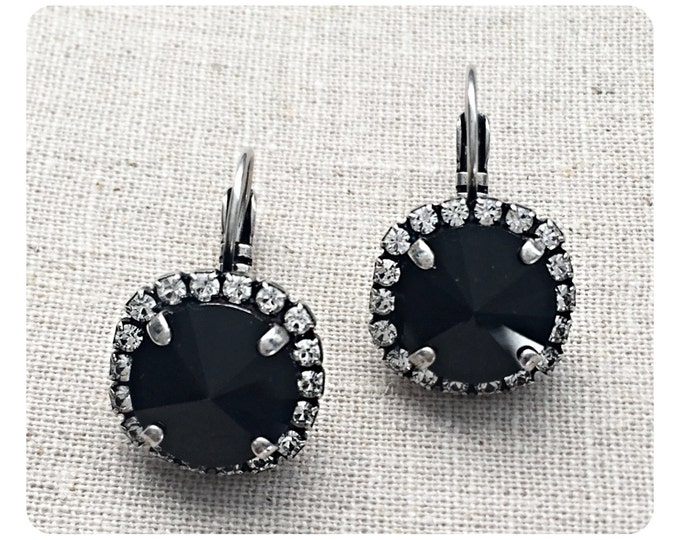 Effortlessly chic sparkly black Swarovski crystal dangle drop earrings embellished with elegant halos of sparkling pave stones