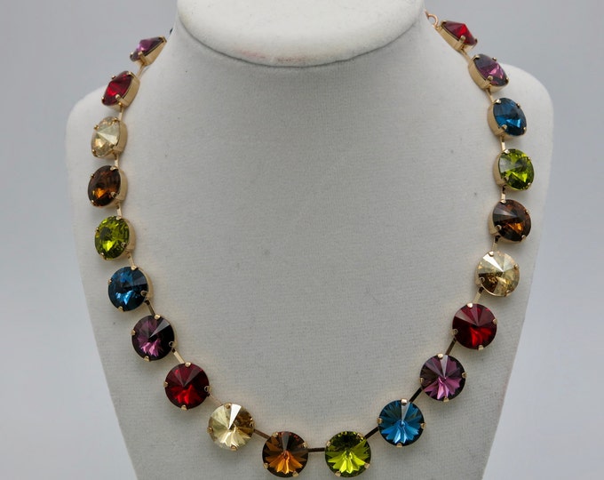 Rainbow 14mm rivoli crystal Swarovski collar necklace guaranteed to get noticed and turn heads! Gem tone Swarovski rivoli crystals collar