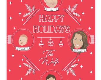 Custom illustrated family friends portrait illustrations holiday christmas cards