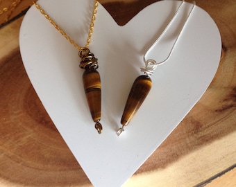 Tiger eye necklace, gemstone pendant, silver, antique bronze, wire wrapped with chain necklace, handmade jewelry, gift for her