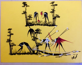 African Tribal Modernistic Watercolor Gouache Painting