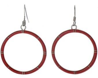 Medium Coral Inlaid Hoop Earrings French Hook