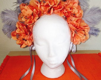 Orange Grey Feathers & Flowers Crown / Headband