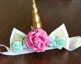 Baby Unicorn Headband with Paper Flowers