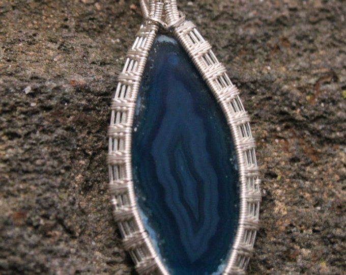 Blue Banded Agate Slice Pendant w/ Silver Wire Weave Wrap, Fancy Statement Necklace Large Stone Slab OOAK Jewelry One of a Kind Gift for Her