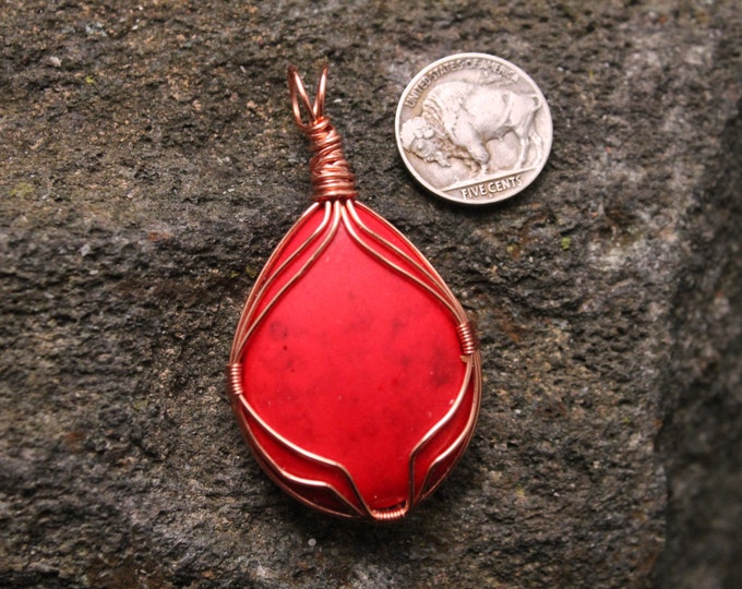 Red Dyed Howlite Pendant with Copper Wire Wrap, Art Deco Necklace, Natural Stone Jewelry, Statement Piece, Valentines Day Gift for Her